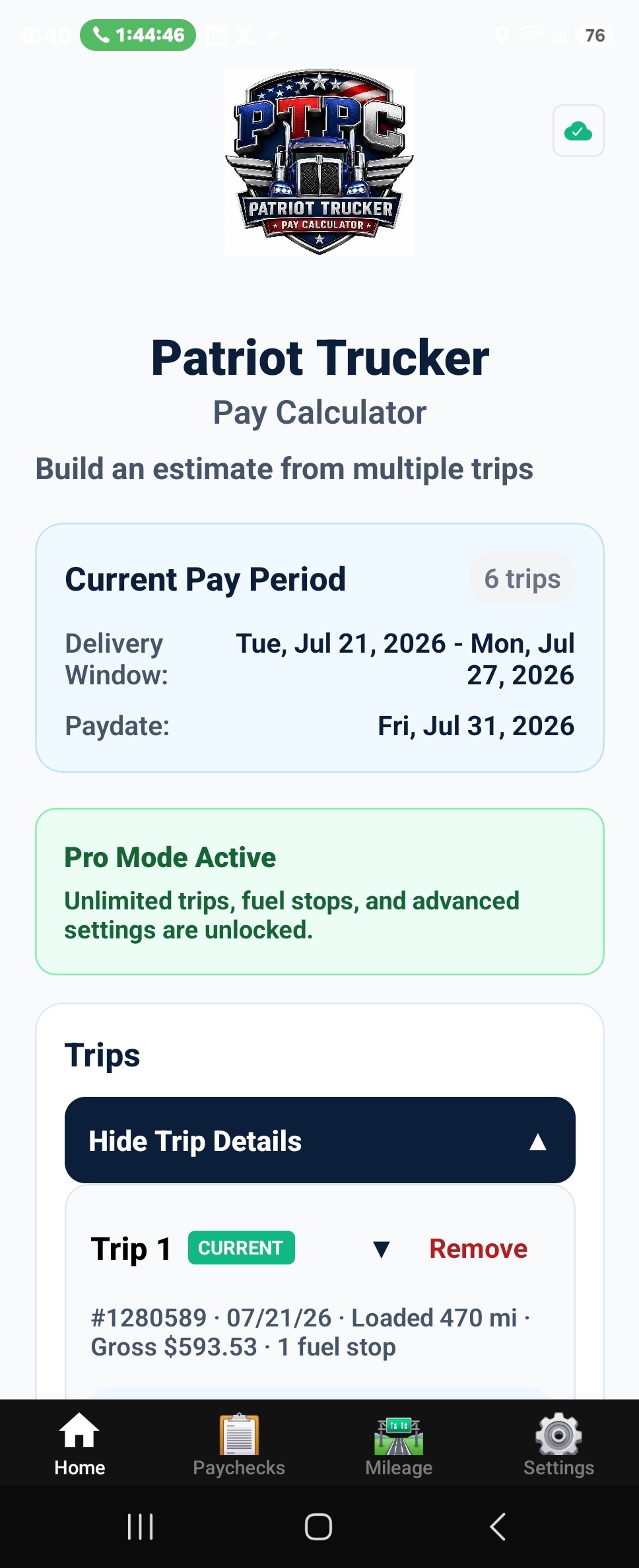 Patriot Trucker Pay Calculator mobile app showing a current pay period and trip details