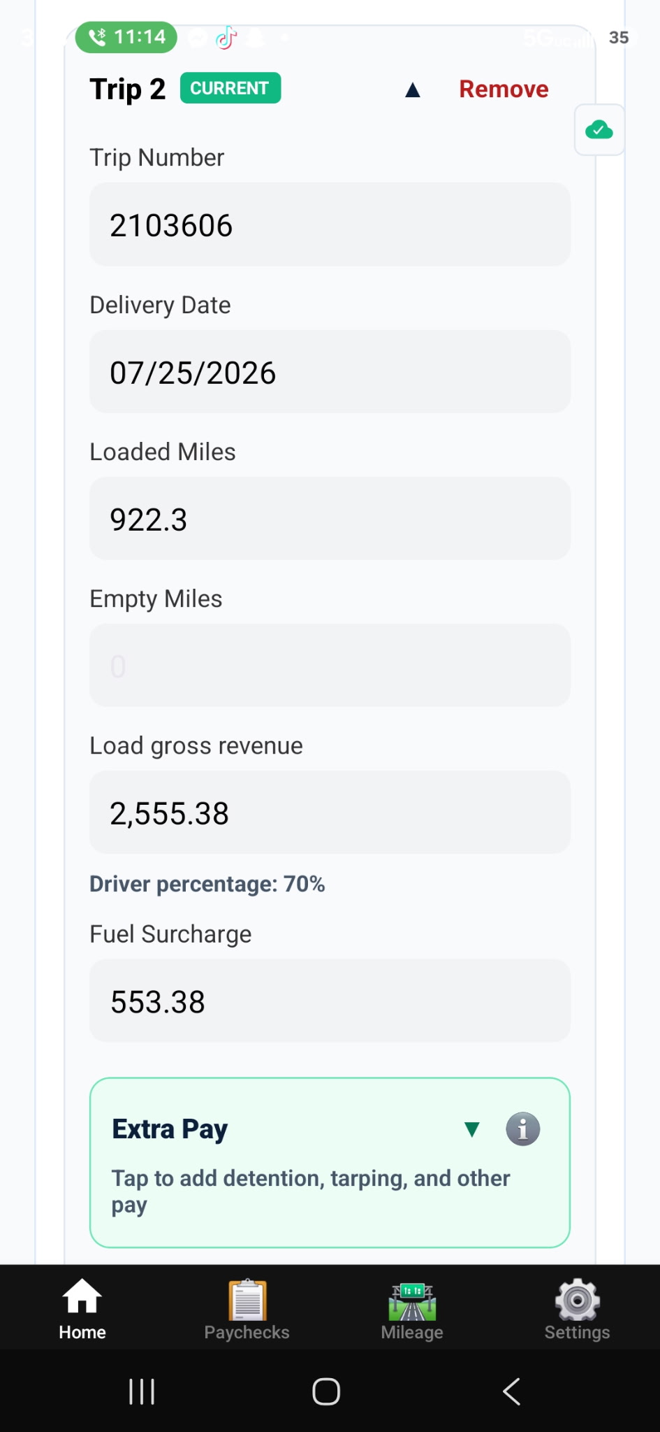 PTPC percentage-pay trip-entry screen with fields for trip number and load price.
